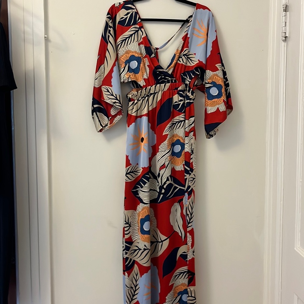 L'ATISTE Red Floral Maxi Dress with Blue & Cream Accents